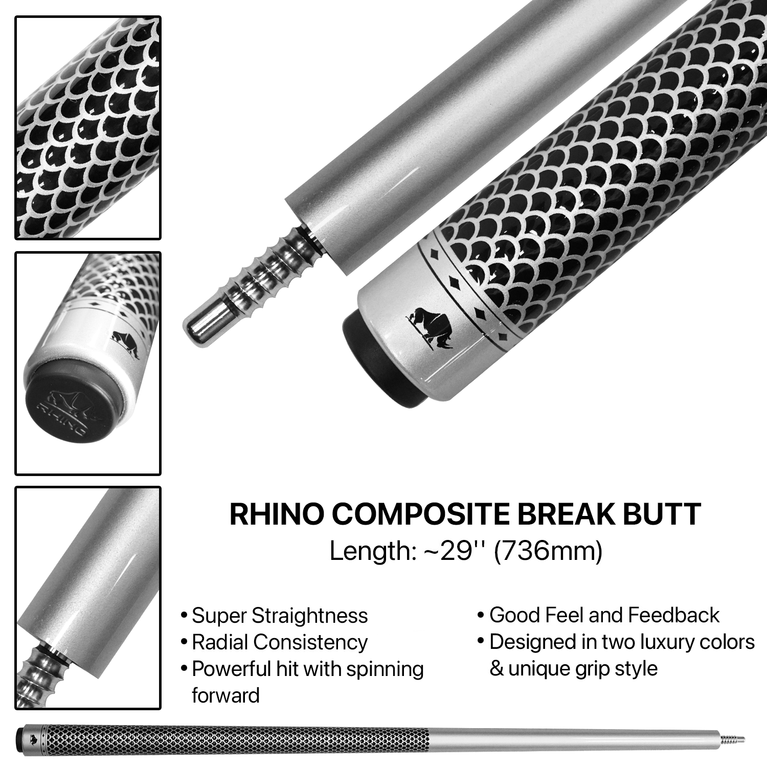 RHINO KOMET Break Cue (BUTT + SHAFT) - Silver