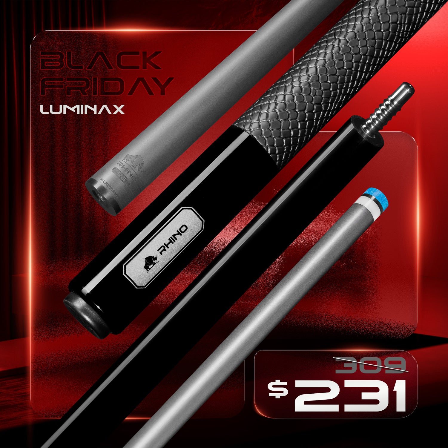 LUMINAX POOL CUE - JET BLACK - SPORT WRAP