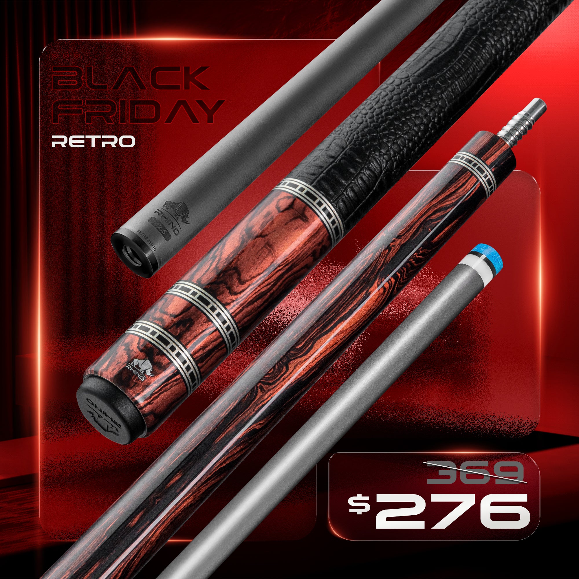 【新品】【Rhino】レトロ カーボン プールキュー ココボロ ラップレス Rhino RETRÔ Pool Cue - Cocobolo - Wrapless
