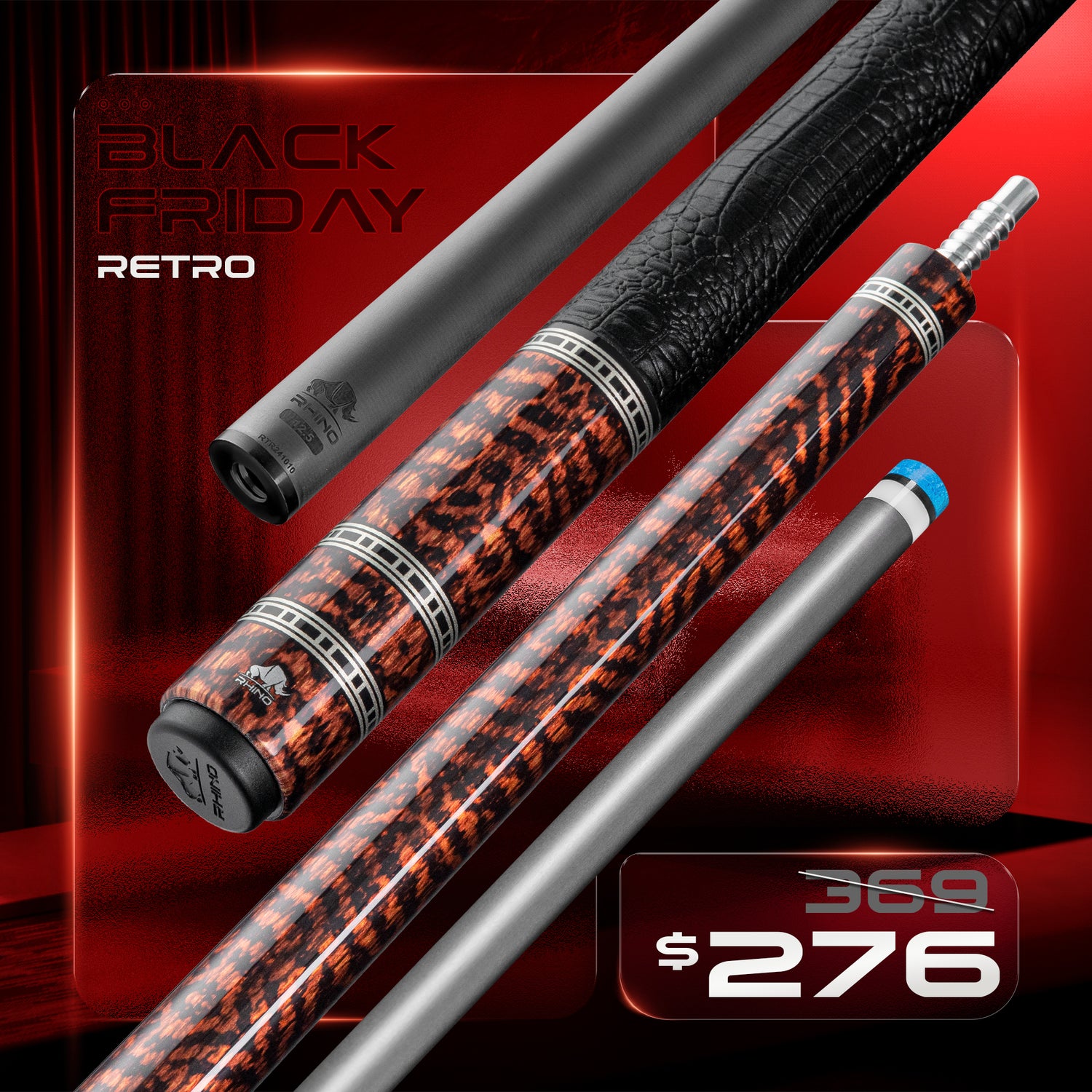Rhino RETRÔ Pool Cue - Snake - Crocodile Embossed Microfiber Leather Wrap