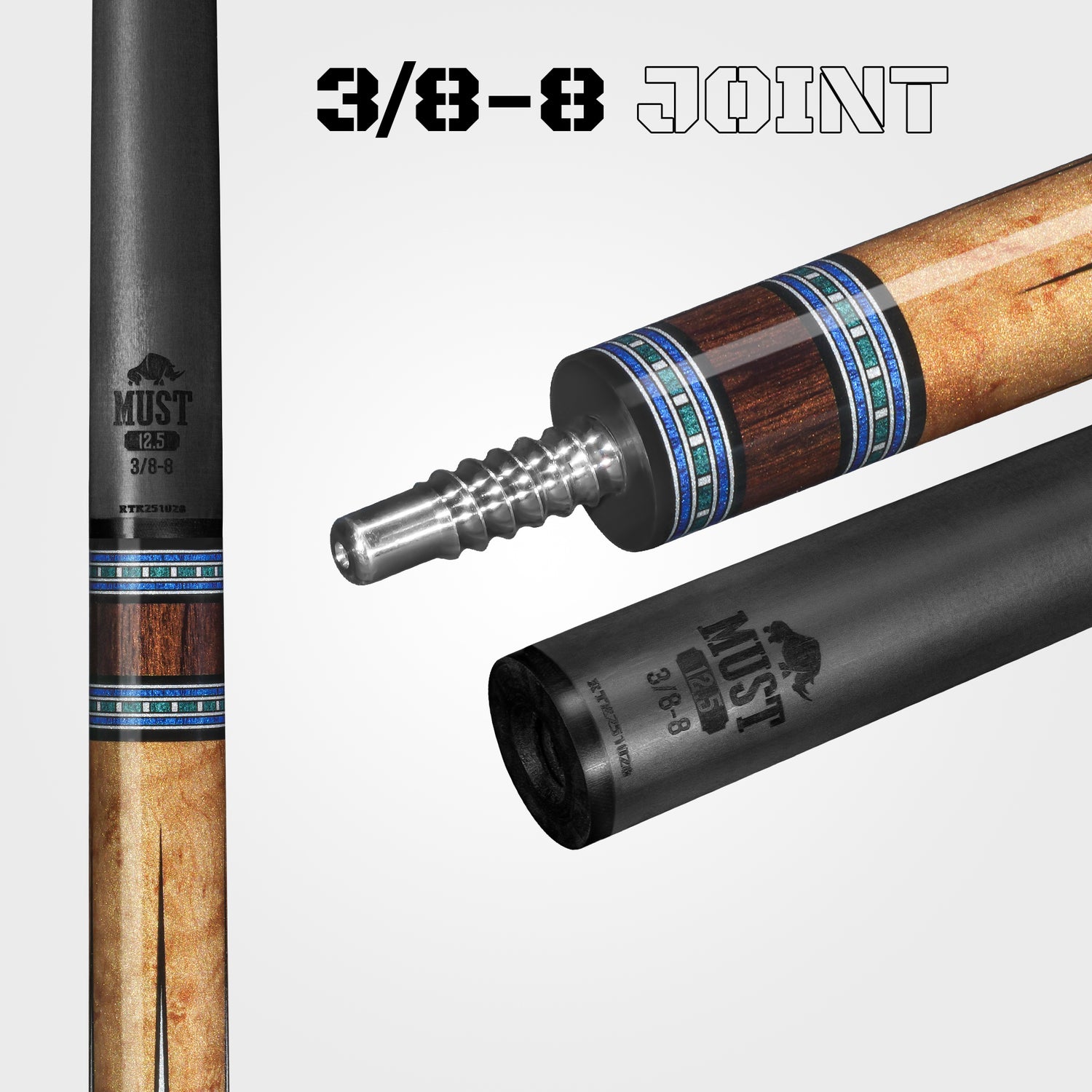 RHINO MUST POOL CUE - MU5 MAPLE AZURE INLAY