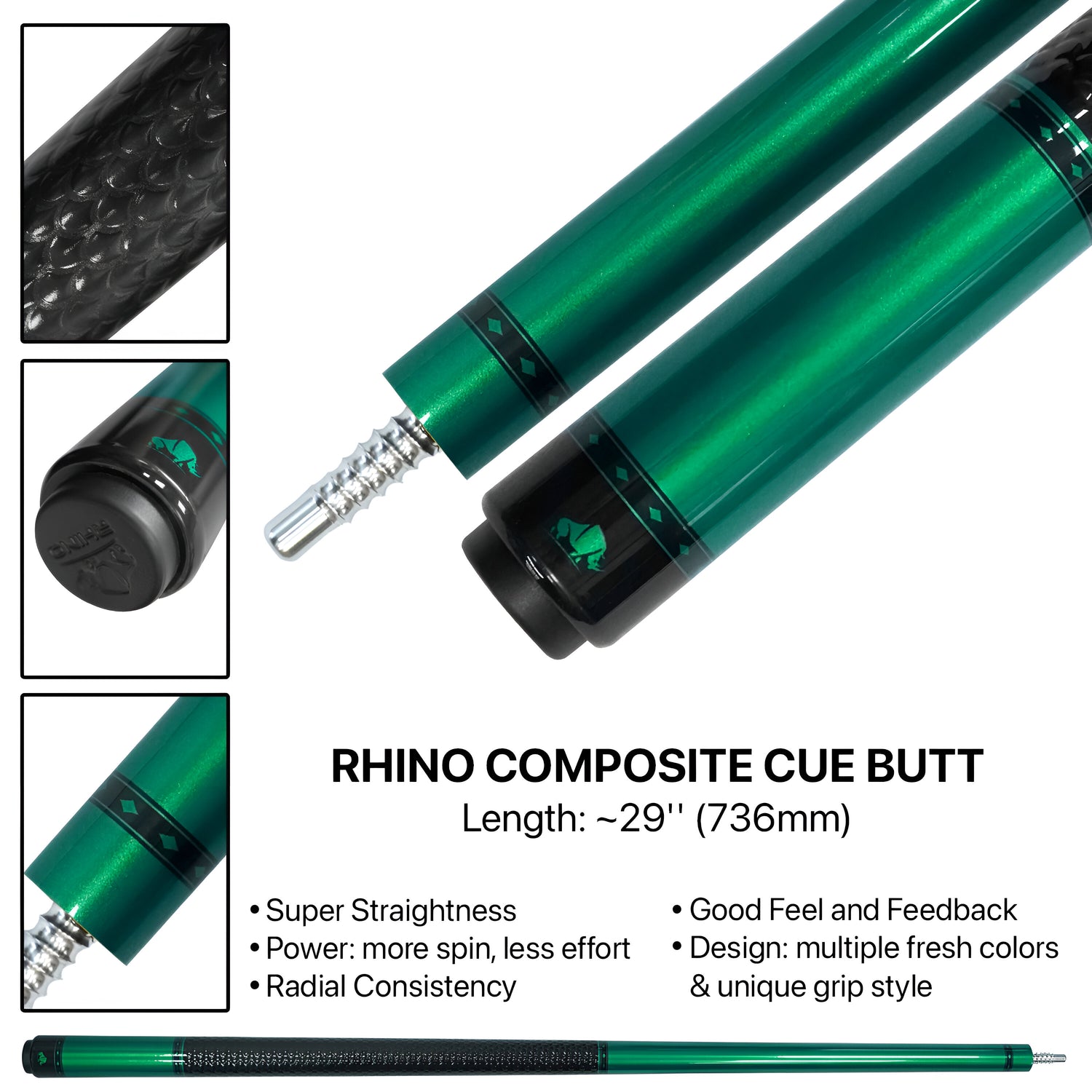 Rhino Nebula Pool Cue - Green (Radial Joint) - 12.4 mm Tip Diameter