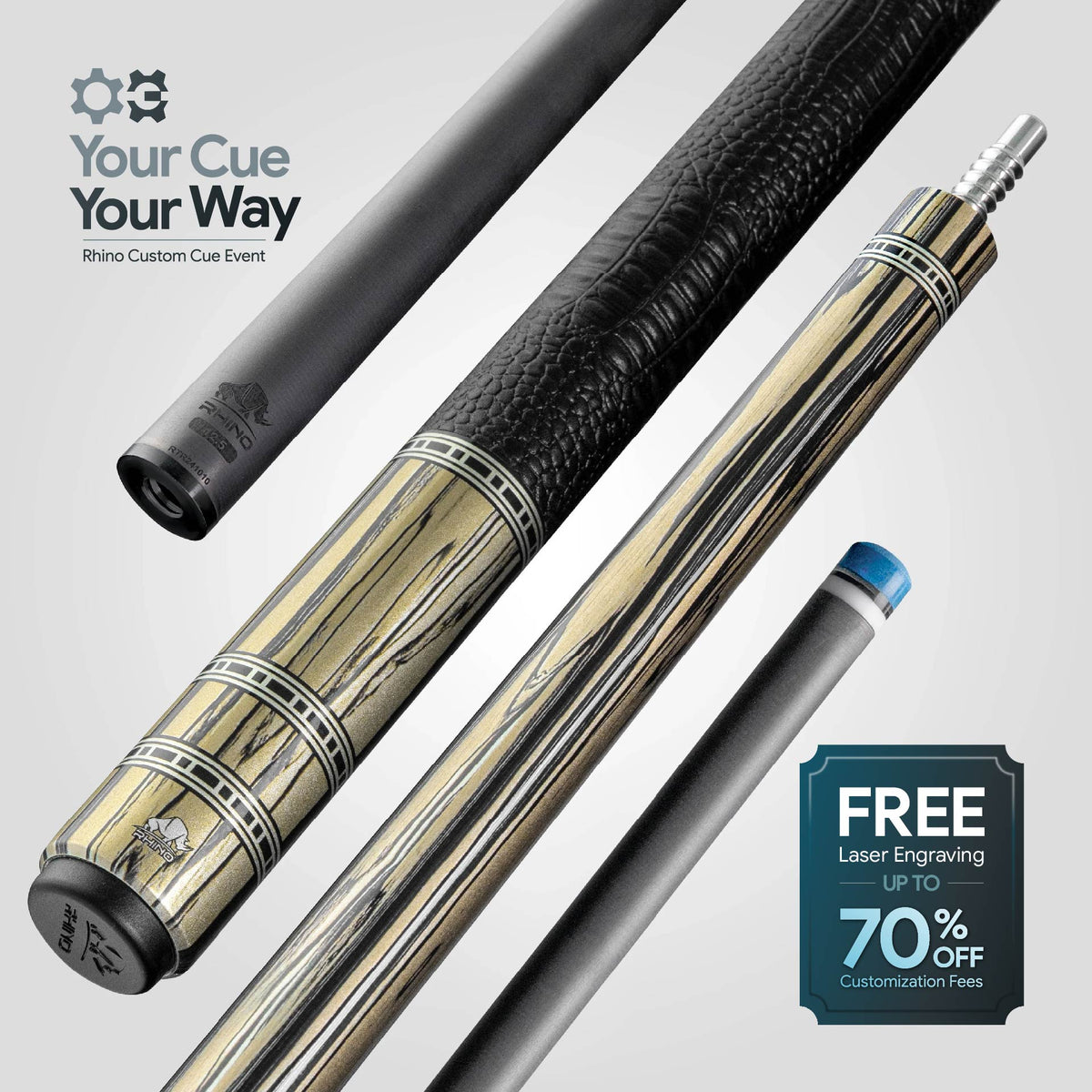 Rhino RETRÔ Pool Cue - Pale Moon Ebony - Crocodile Embossed Microfiber Leather Wrap