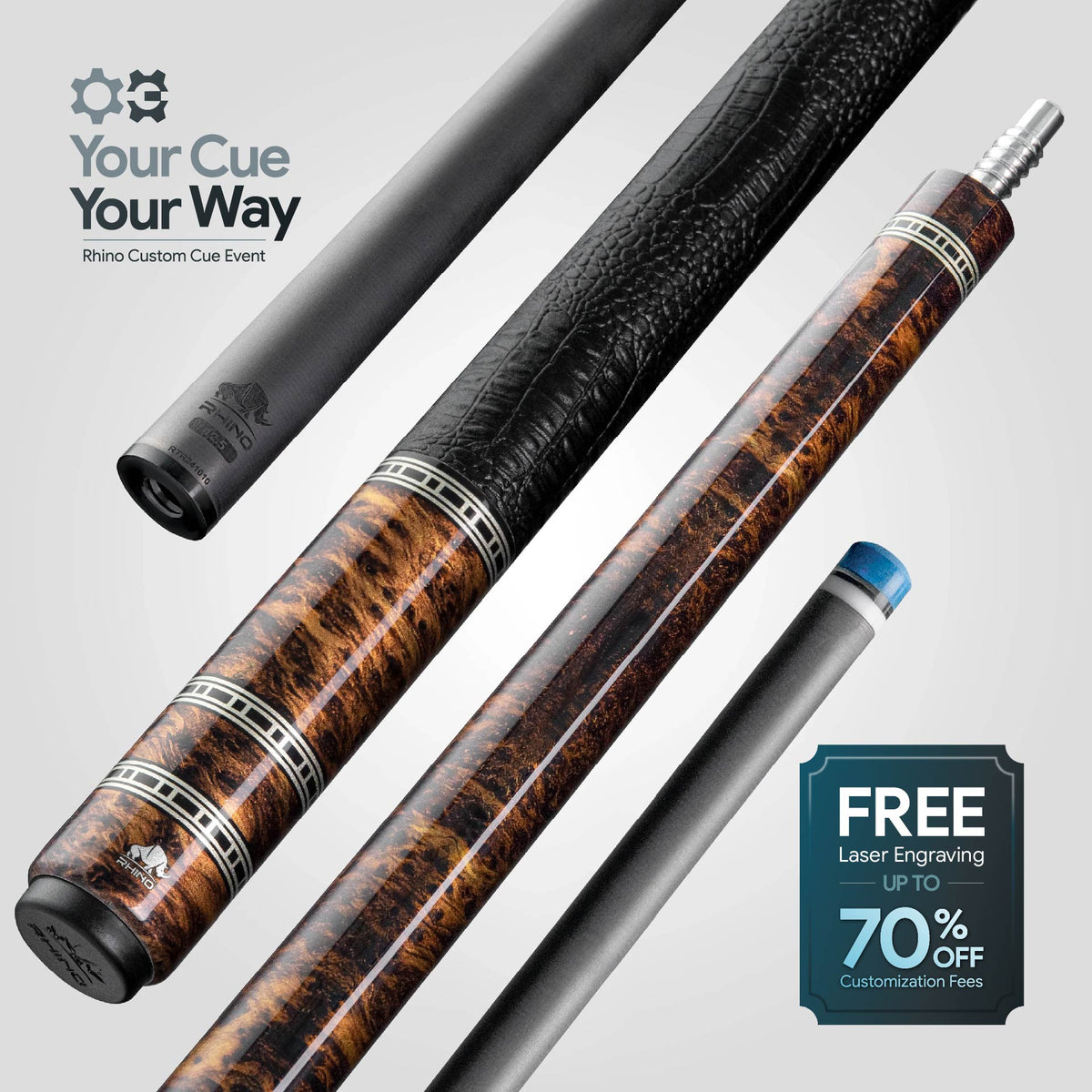 Rhino RETRÔ Pool Cue - Thuya - Crocodile Embossed Microfiber Leather Wrap