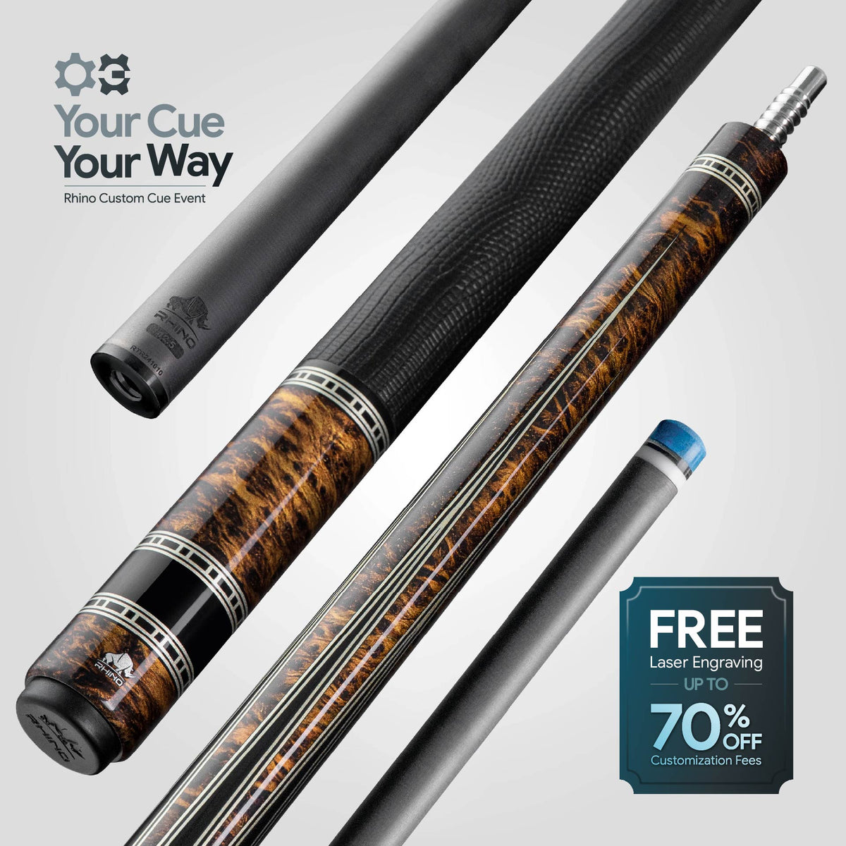 Rhino RETRÔ Pool Cue - Thuya - Lizard Embossed Microfiber Leather Wrap & Point