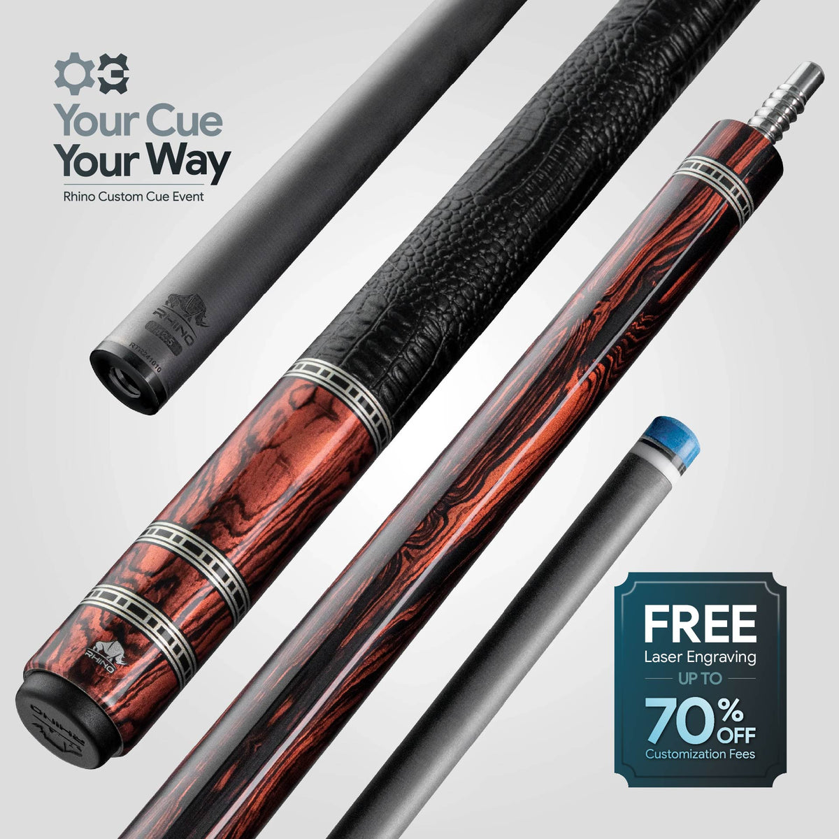 Rhino RETRÔ Pool Cue - Cocobolo - Crocodile Embossed Microfiber Leather Wrap