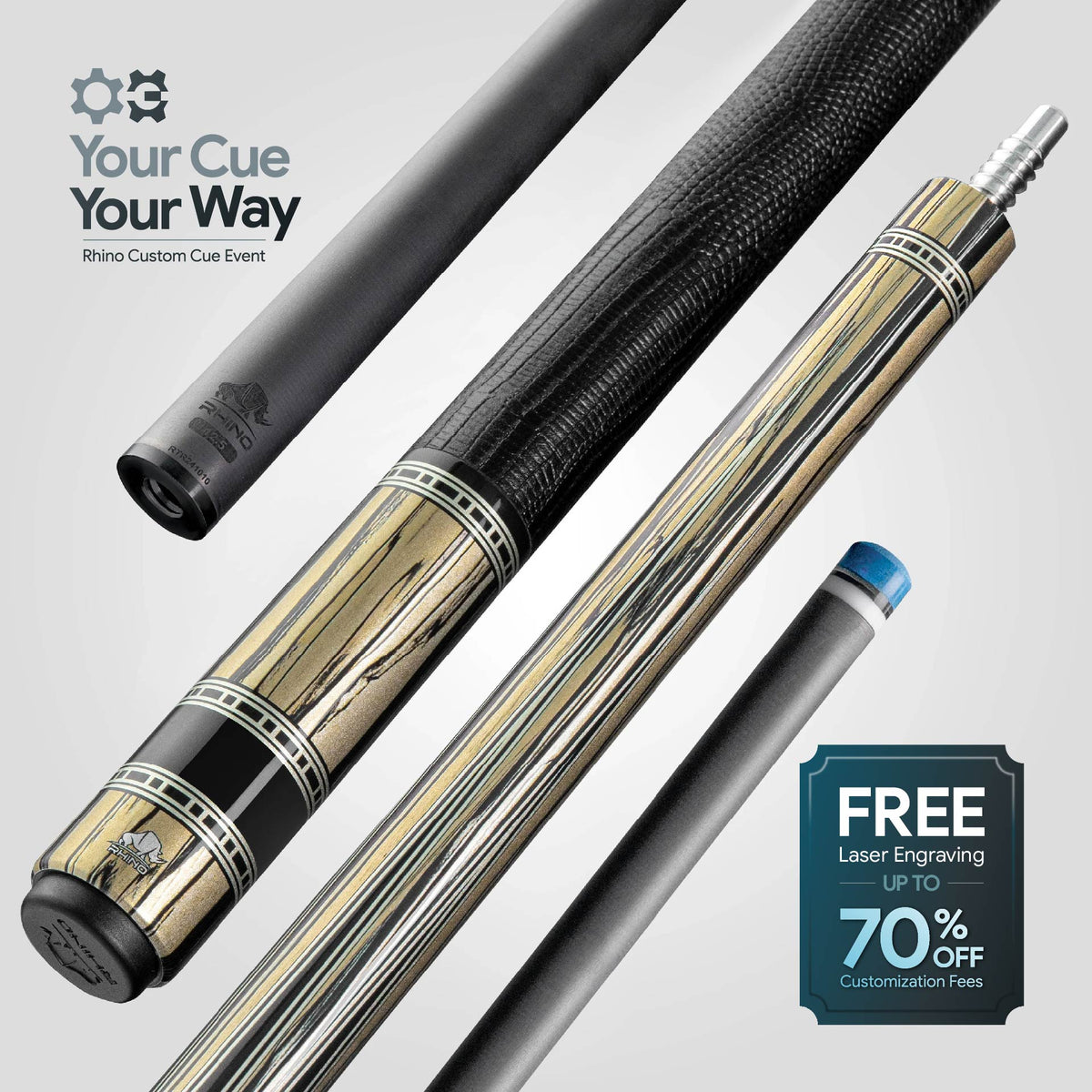 Rhino RETRÔ Pool Cue - Pale Moon Ebony - Lizard Embossed Microfiber Leather Wrap & Point