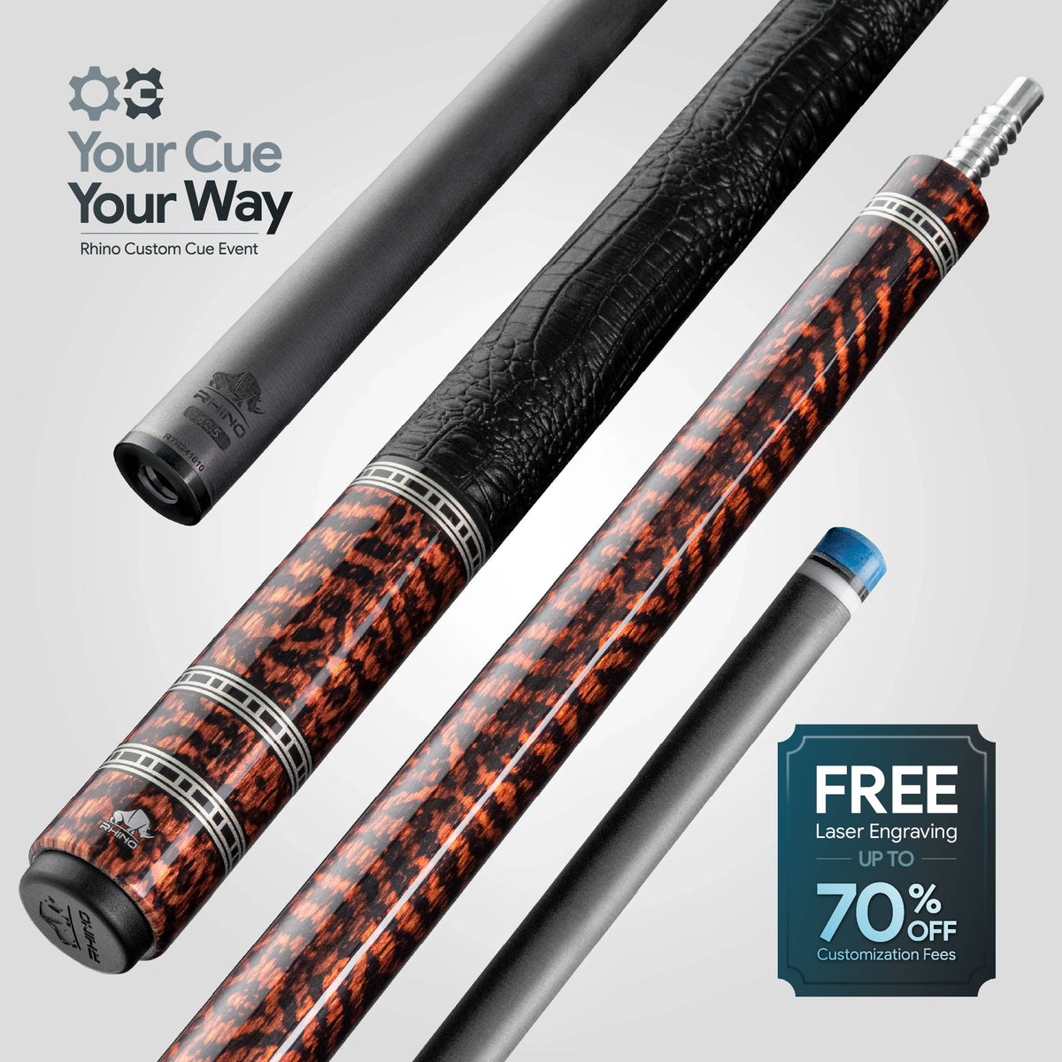 Rhino RETRÔ Pool Cue - Snake - Crocodile Embossed Microfiber Leather Wrap
