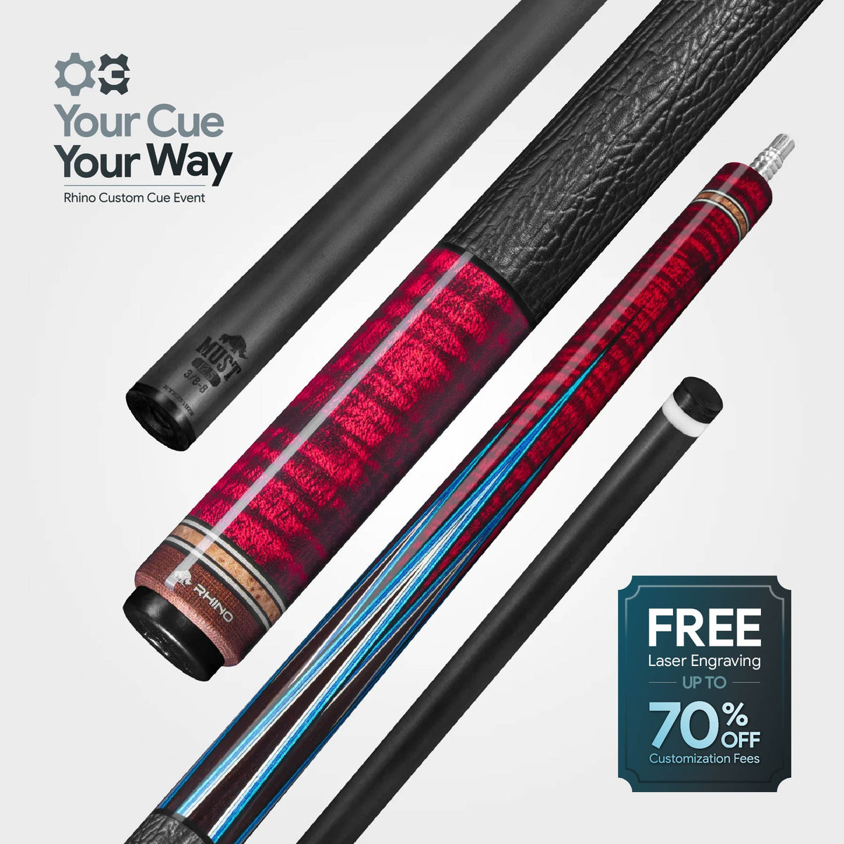 RHINO MUST POOL CUE - MU3 CRIMSON BLUEPOINT