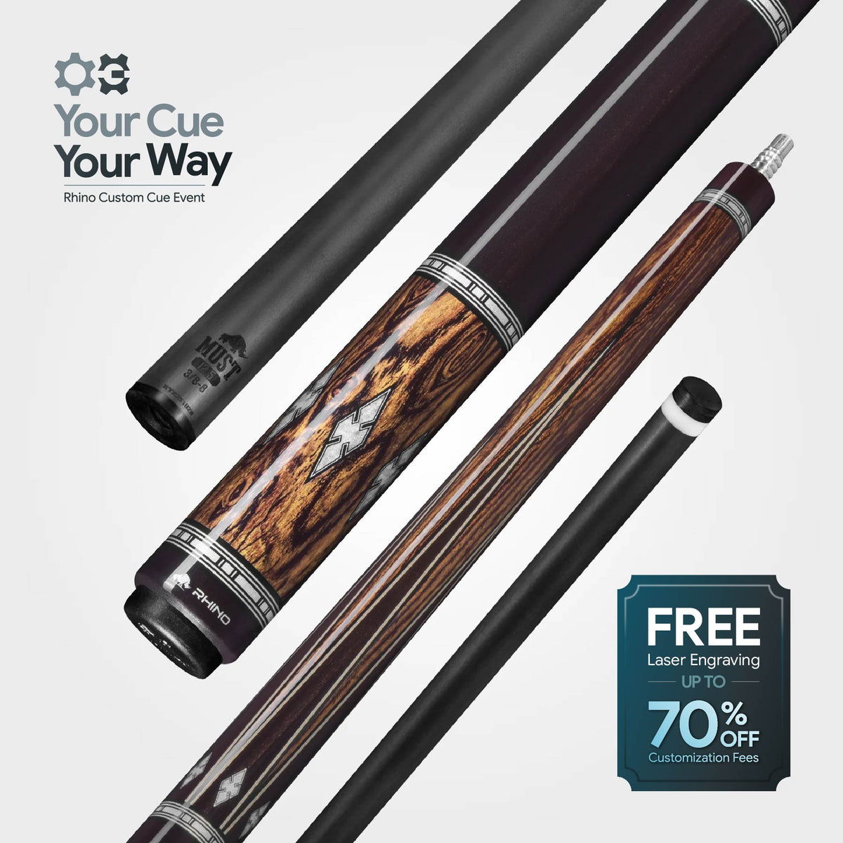 RHINO MUST POOL CUE - MU2 BOCOTE EBONY DIAMOND