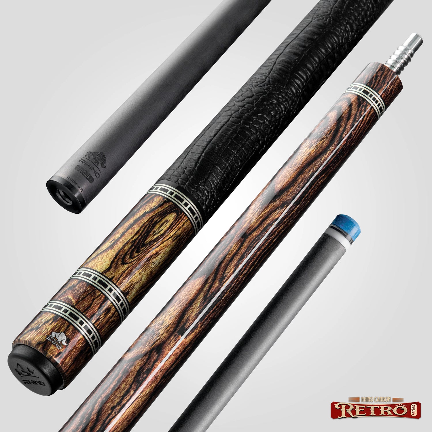 Rhino RETRÔ Pool Cue - Bocote - Crocodile Embossed Microfiber Leather Wrap