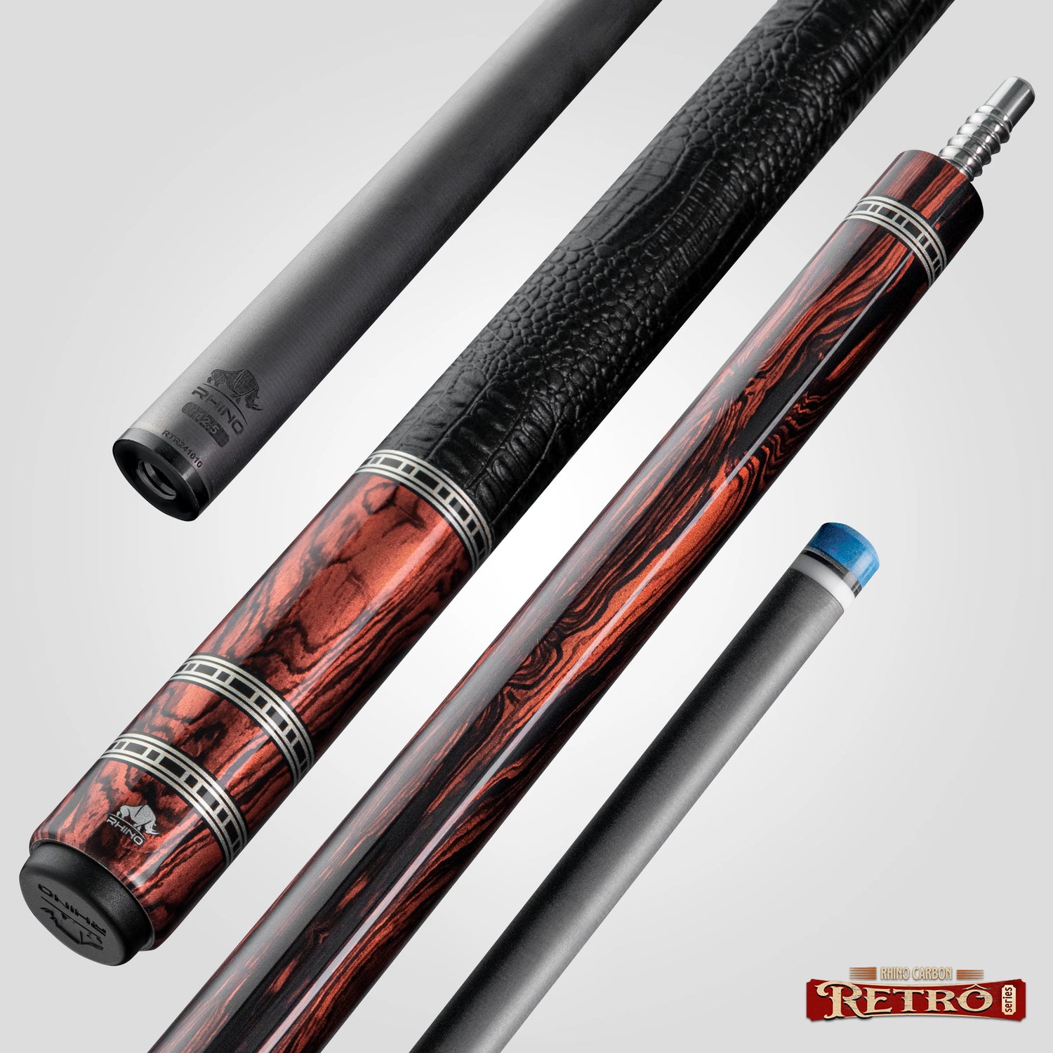 Rhino RETRÔ Pool Cue - Cocobolo - Crocodile Embossed Microfiber Leather Wrap