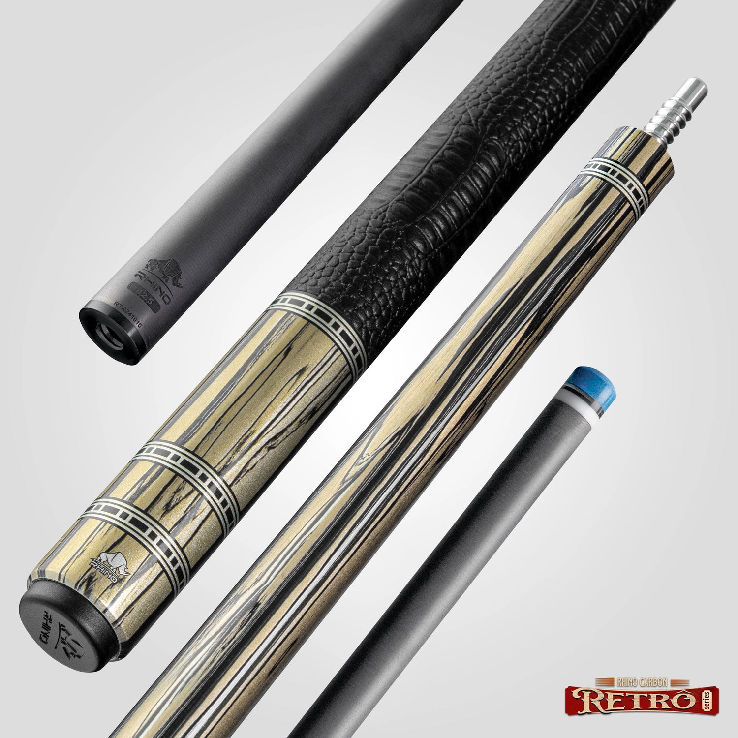 Rhino RETRÔ Pool Cue - Pale Moon Ebony - Crocodile Embossed Microfiber Leather Wrap