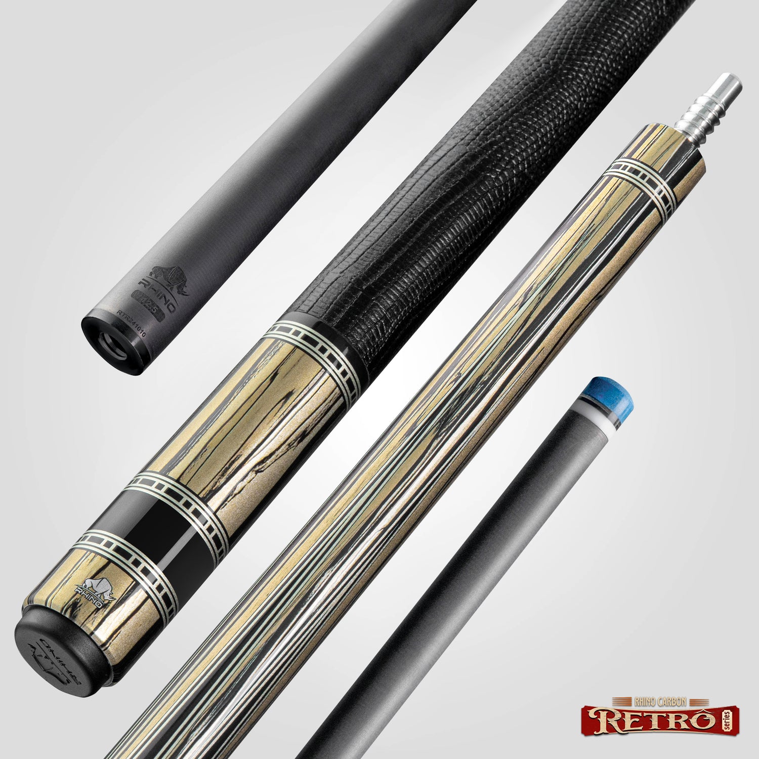 Rhino RETRÔ Pool Cue - Pale Moon Ebony - Lizard Embossed Microfiber Leather Wrap & Point