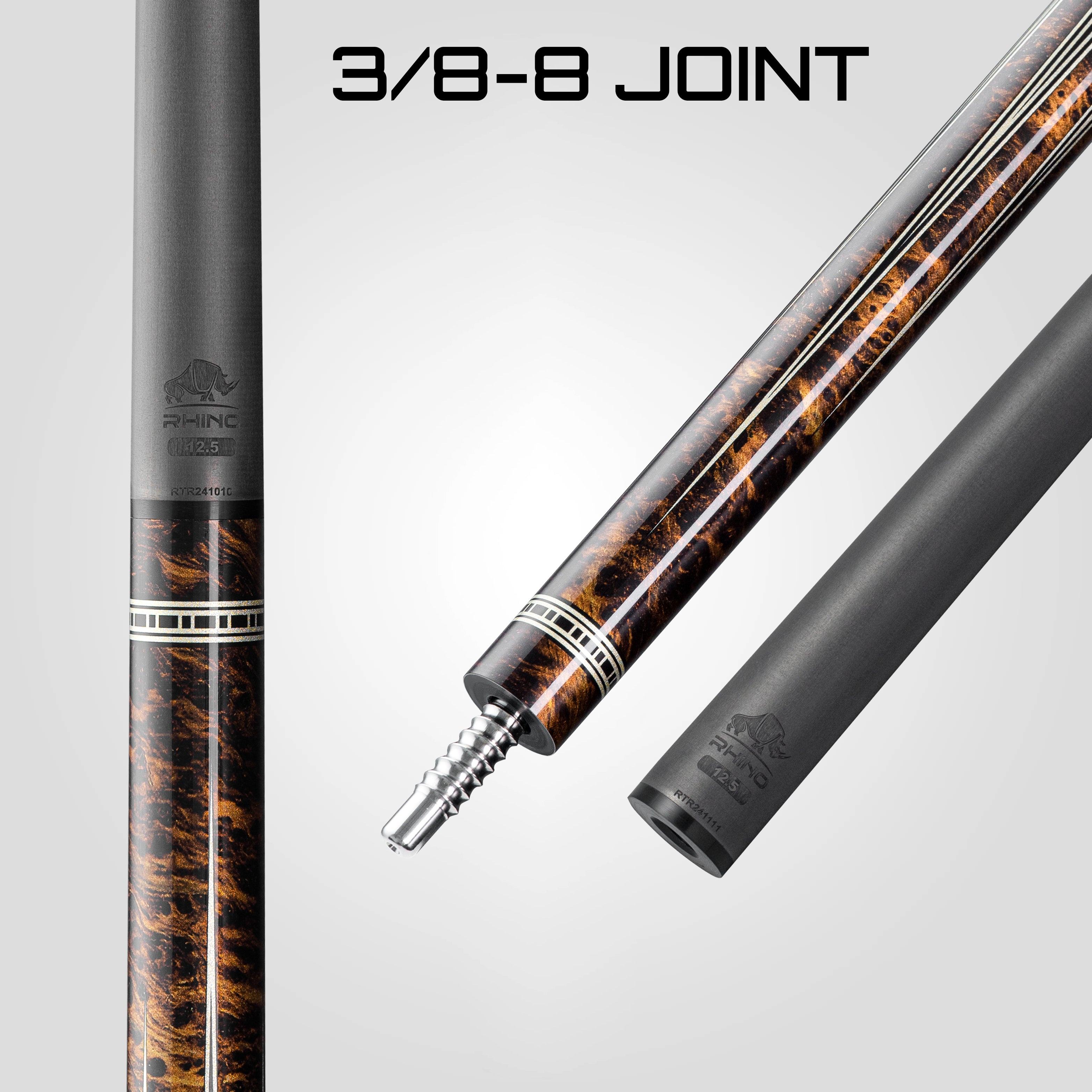 RHINO Stecca Da Biliardo Retro – Carbonio, Punta 12,5mm, Giunto Acciaio 3/8, Impugnatura Pelle Lucertola, Peso Regolabile