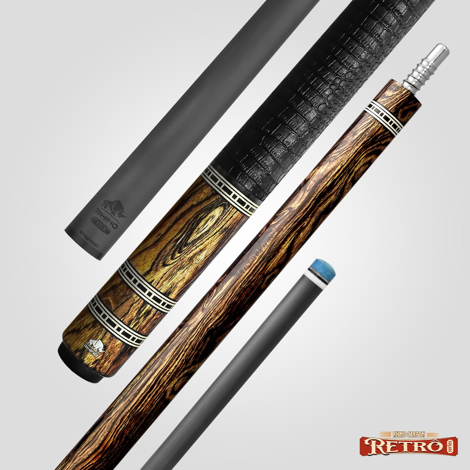 Rhino RETRÔ Pool Cue - Bocote - Crocodile Embossed Microfiber Leather Wrap