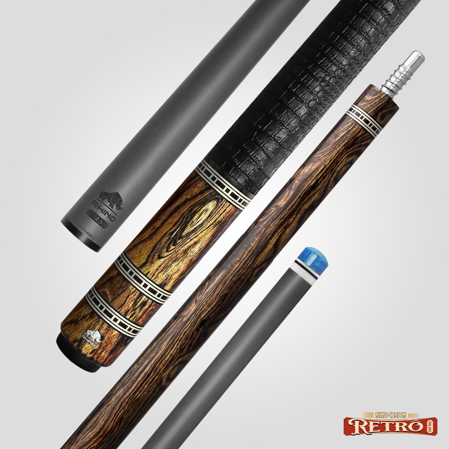 Rhino RETRÔ Pool Cue - Bocote - Crocodile Embossed Microfiber Leather Wrap