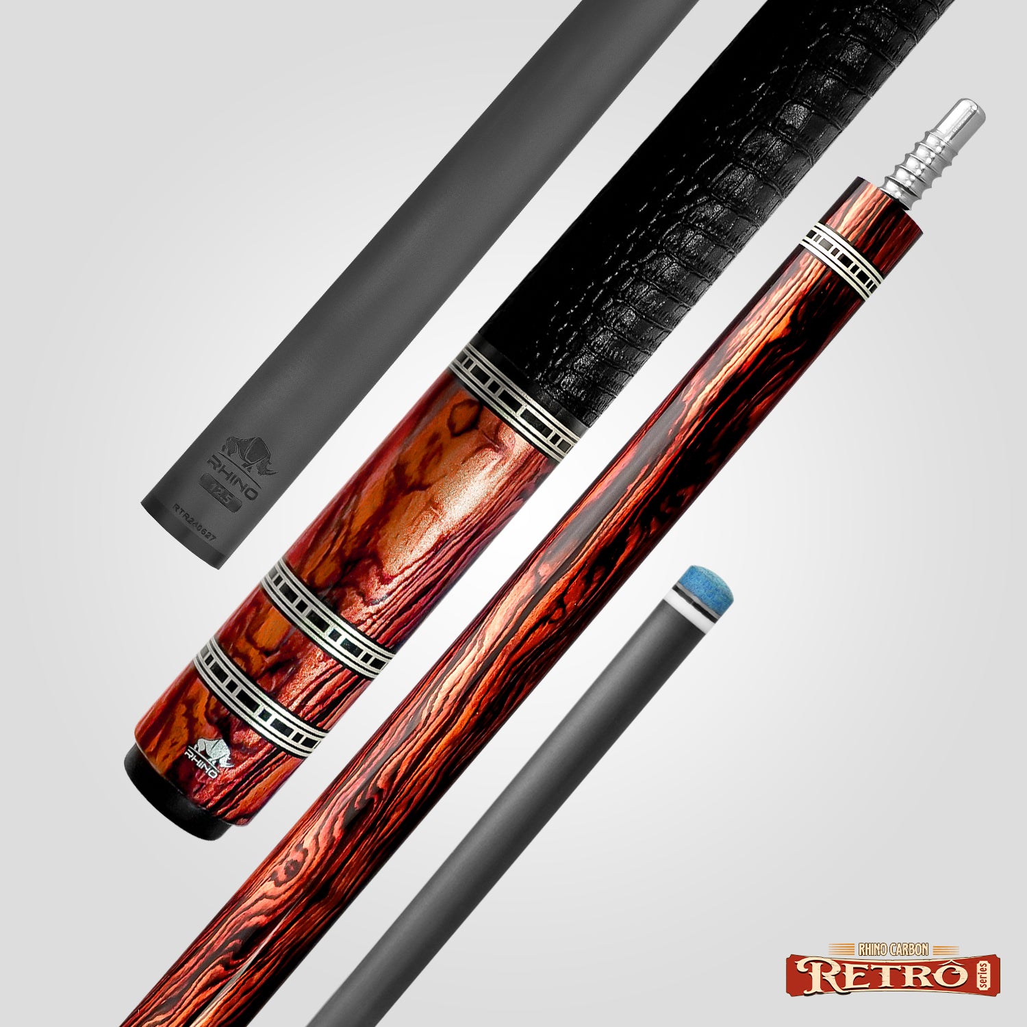 Rhino RETRÔ Pool Cue - Cocobolo - Crocodile Embossed Microfiber Leather Wrap