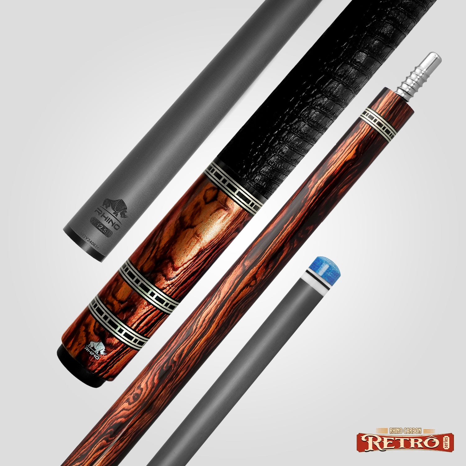 Rhino RETRÔ Pool Cue - Cocobolo - Crocodile Embossed Microfiber Leather Wrap