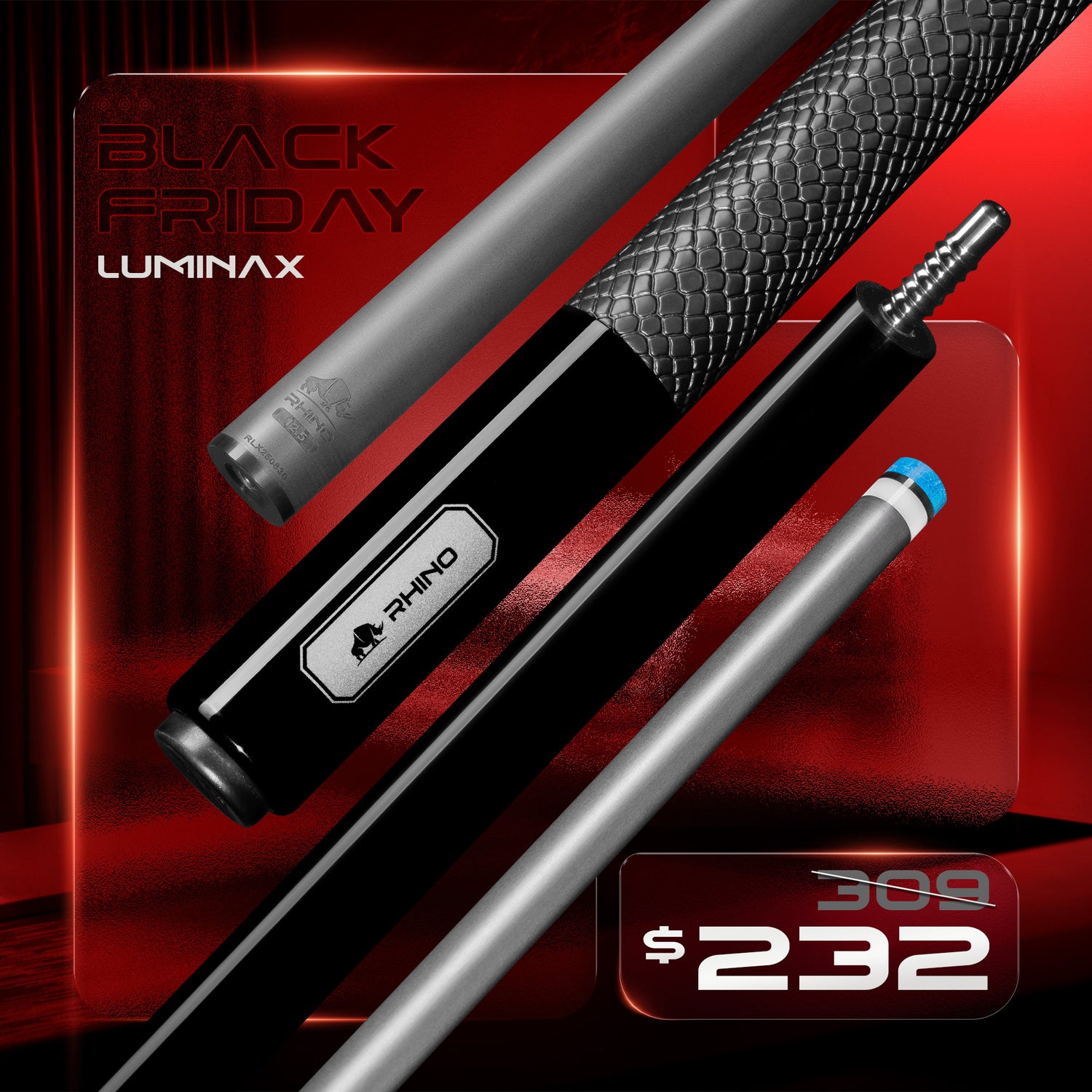 LUMINAX POOL CUE - JET BLACK  - SPORT WRAP