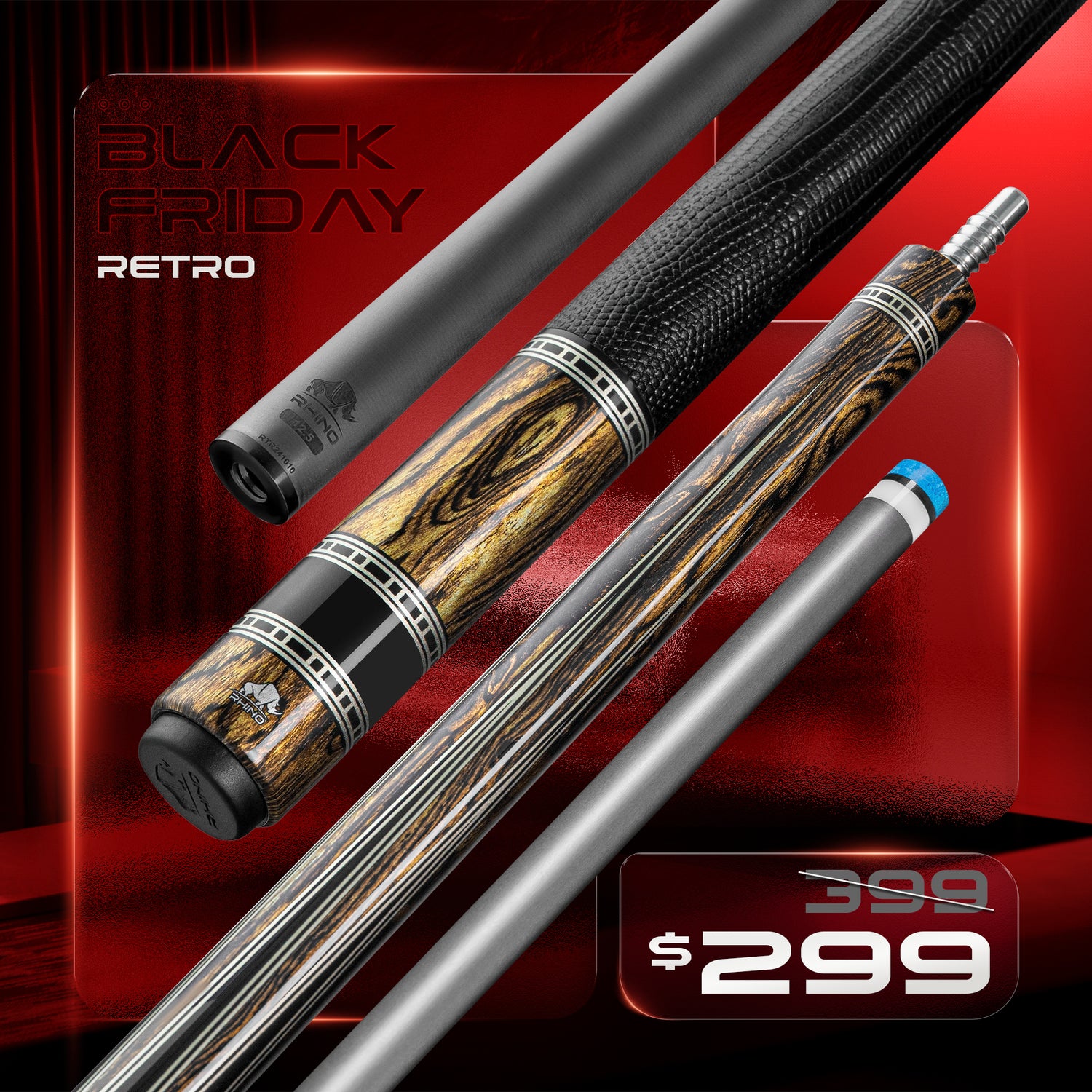 Rhino RETRÔ Pool Cue - Bocote - Lizard Embossed Microfiber Leather Wrap & Point