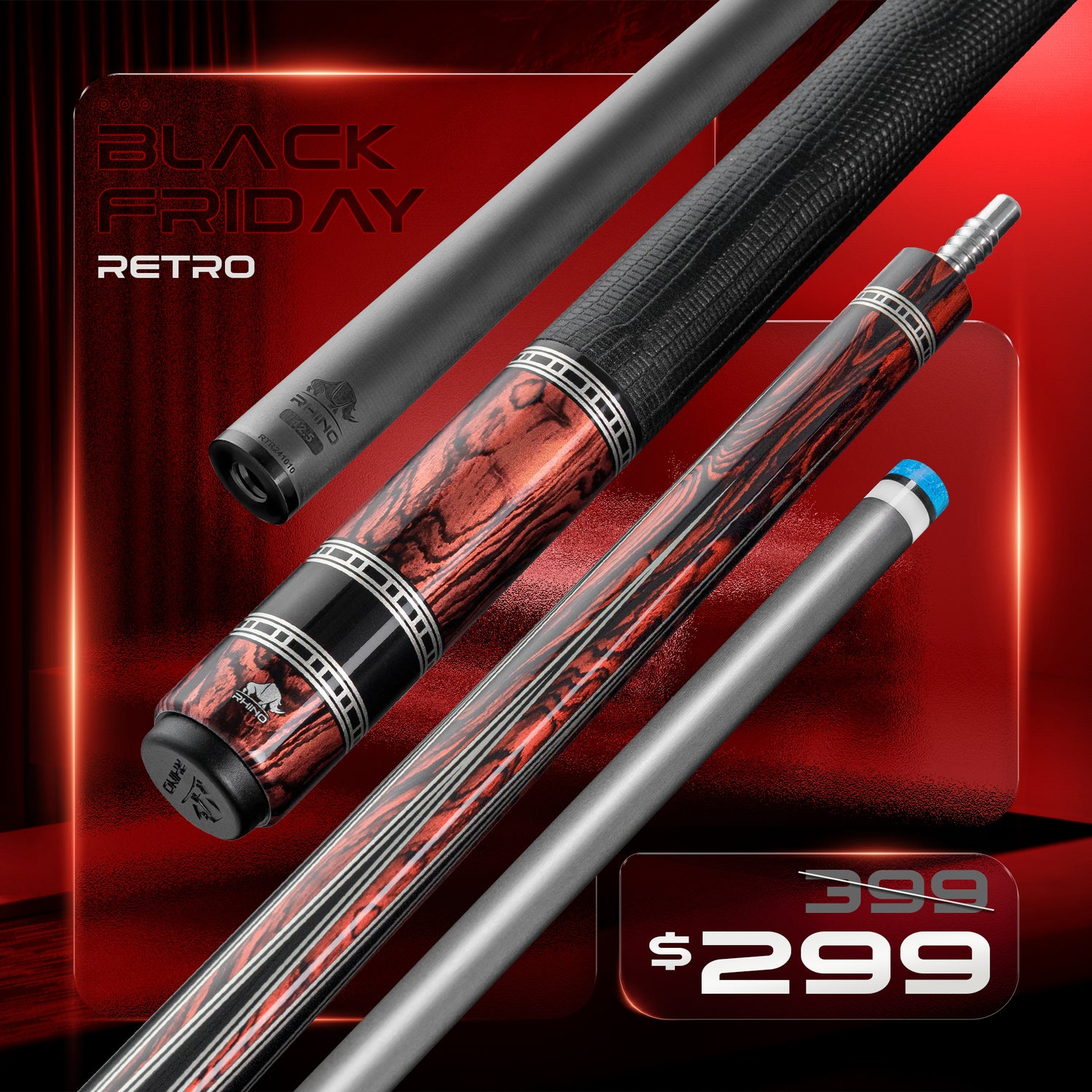 Rhino RETRÔ Pool Cue - Cocobolo - Lizard Embossed Microfiber Leather Wrap & Point