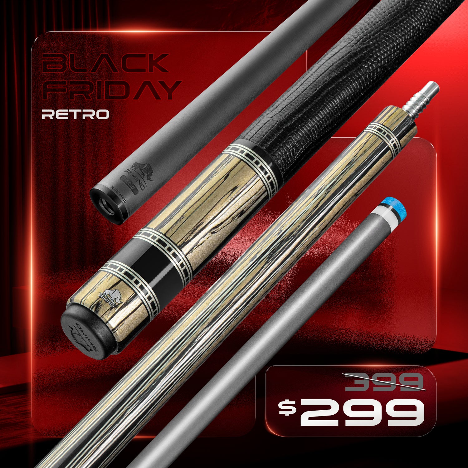 Rhino RETRÔ Pool Cue - Pale Moon Ebony - Lizard Embossed Microfiber Leather Wrap & Point