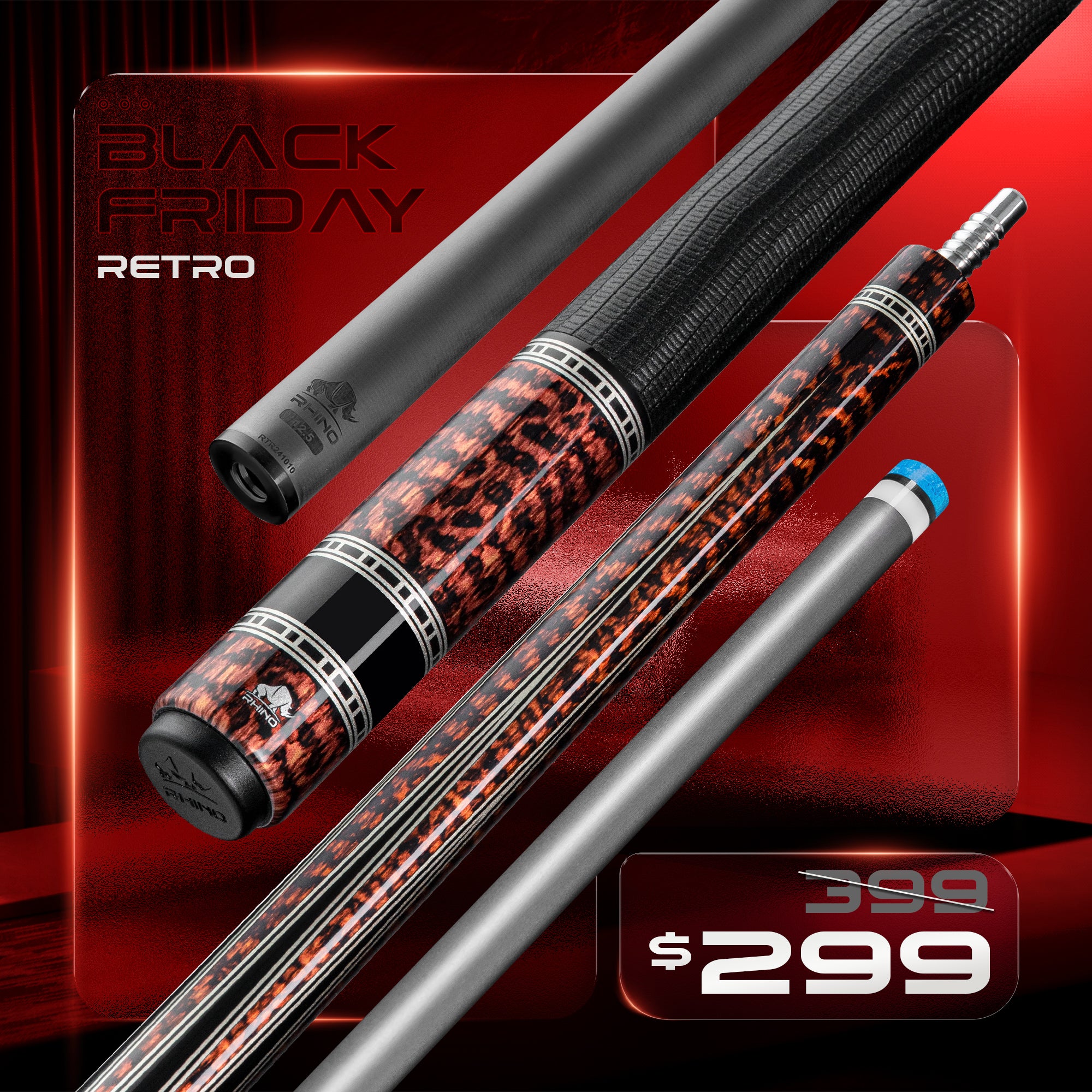 【新品】【Rhino】レトロ カーボン プールキュー ボコテ ラップレス Rhino RETRÔ Pool Cue - Bocote - Wrapless