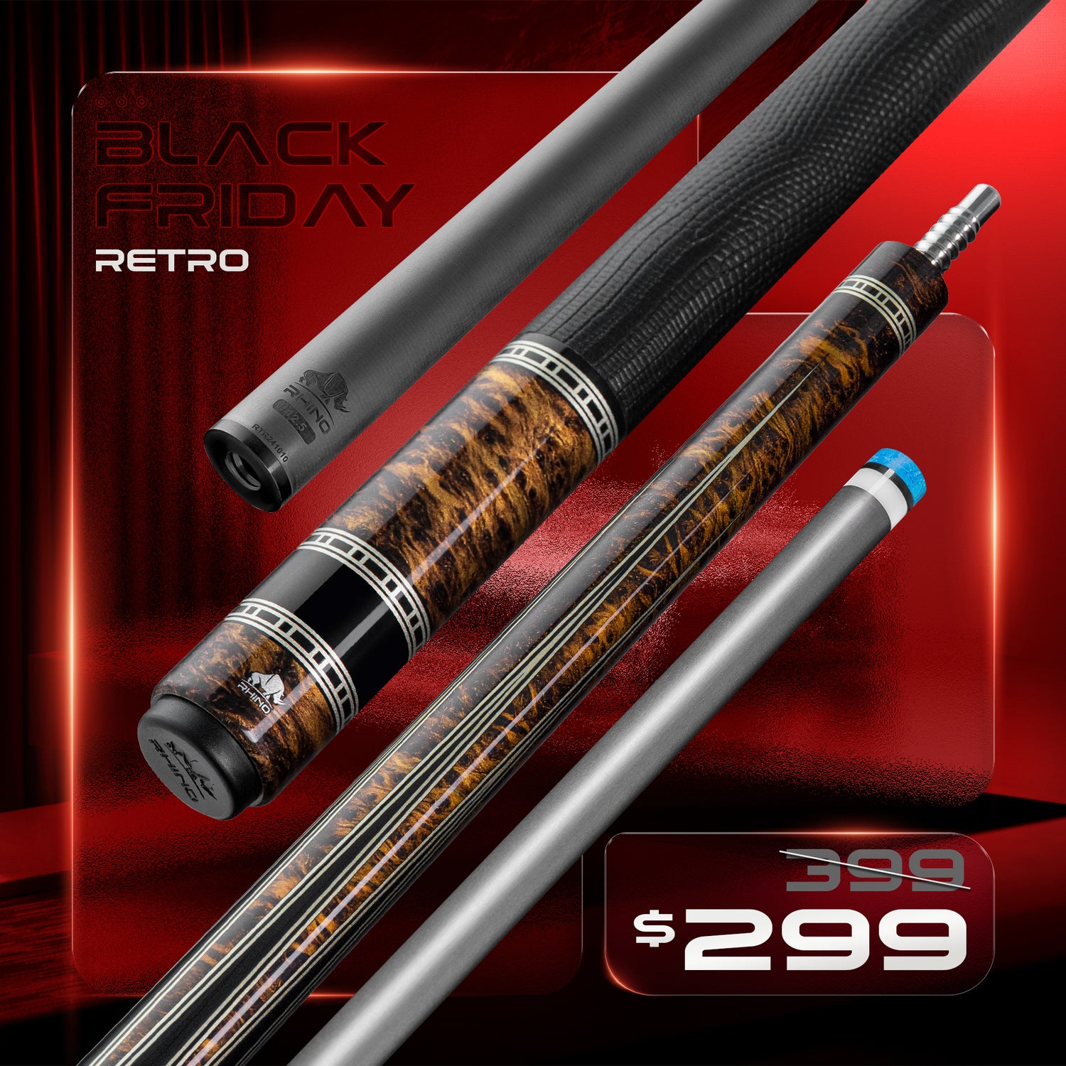 Rhino RETRÔ Pool Cue - Thuya - Lizard Embossed Microfiber Leather Wrap & Point