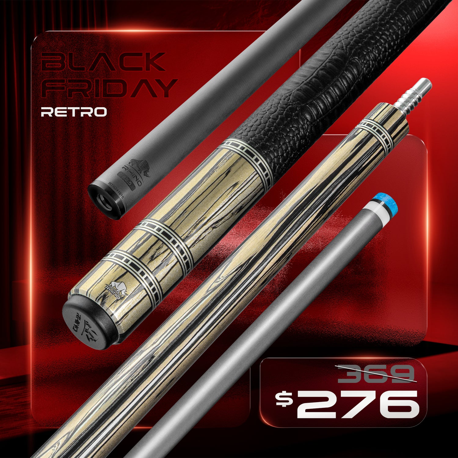 Rhino RETRÔ Pool Cue - Pale Moon Ebony - Crocodile Embossed Microfiber Leather Wrap