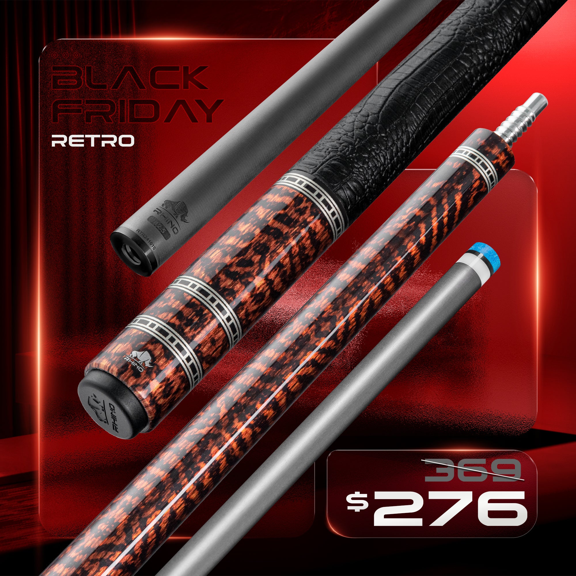 Rhino cue(ライノキュー) Rhino RETRÔ Pool Cue - Snake - Crocodile Embossed Microfiber Leather W