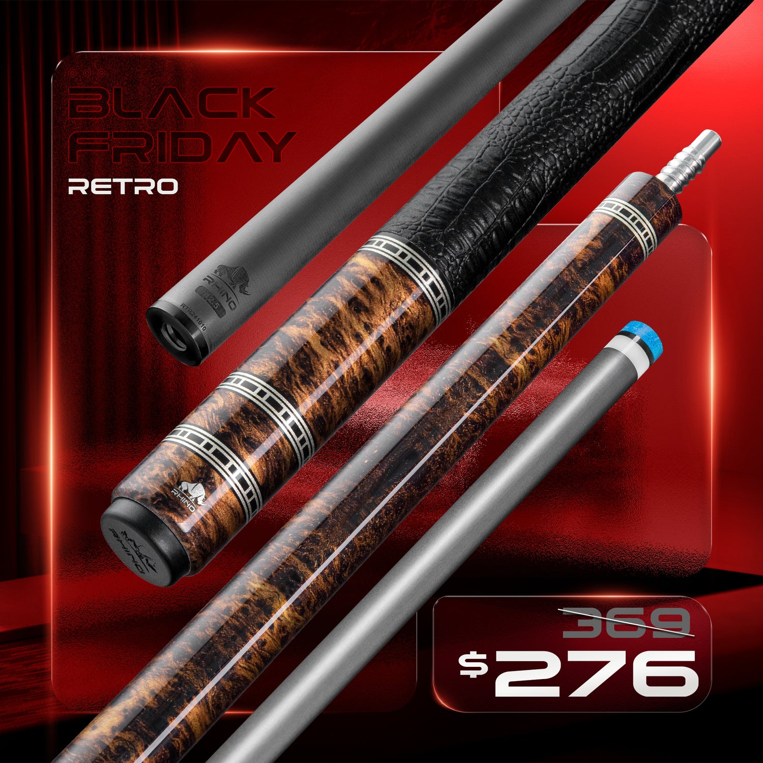 Rhino RETRÔ Pool Cue - Thuya - Crocodile Embossed Microfiber Leather Wrap