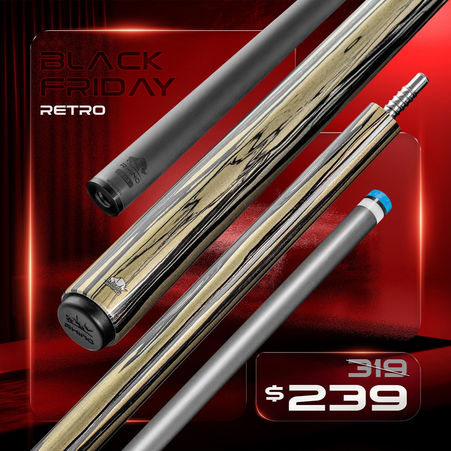 Rhino RETRÔ Pool Cue - Pale Moon Ebony - Wrapless