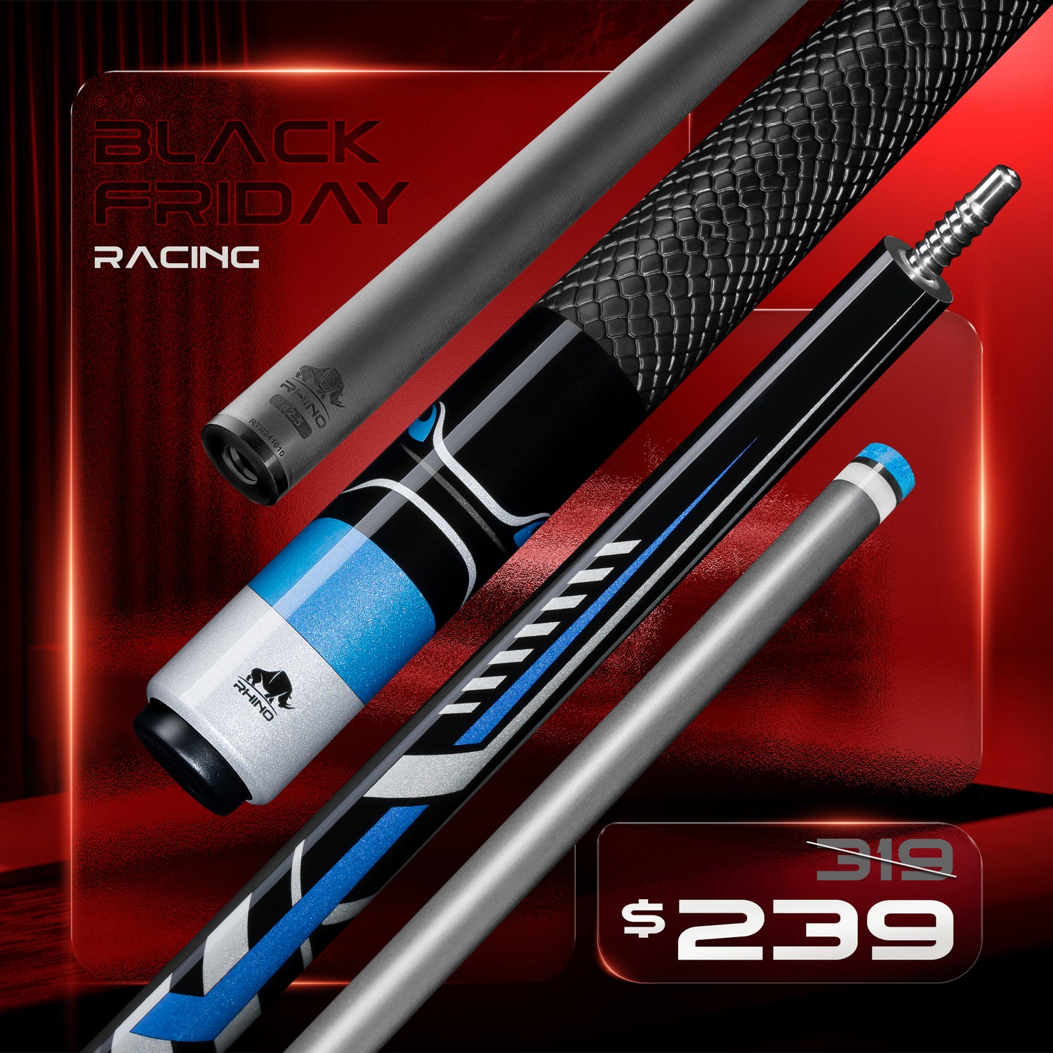 RHINO RACING POOL CUE - VELOCITY BLUE - SPORT WRAP