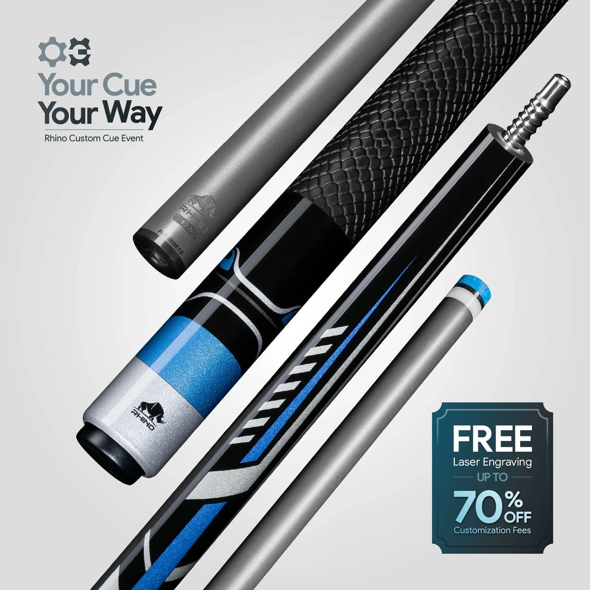RHINO RACING POOL CUE - VELOCITY BLUE - SPORT WRAP