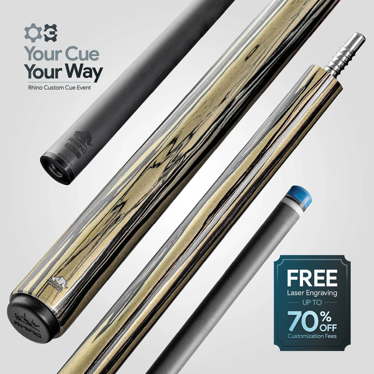 Rhino RETRÔ Pool Cue - Pale Moon Ebony - Wrapless