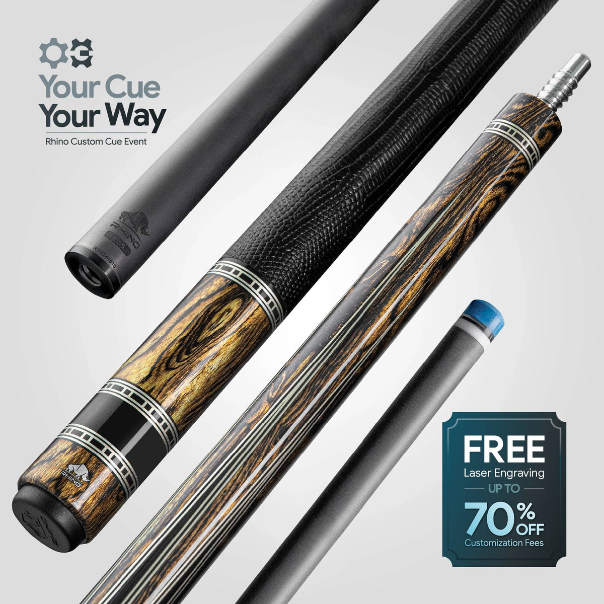 Rhino RETRÔ Pool Cue - Bocote - Lizard Embossed Microfiber Leather Wrap & Point