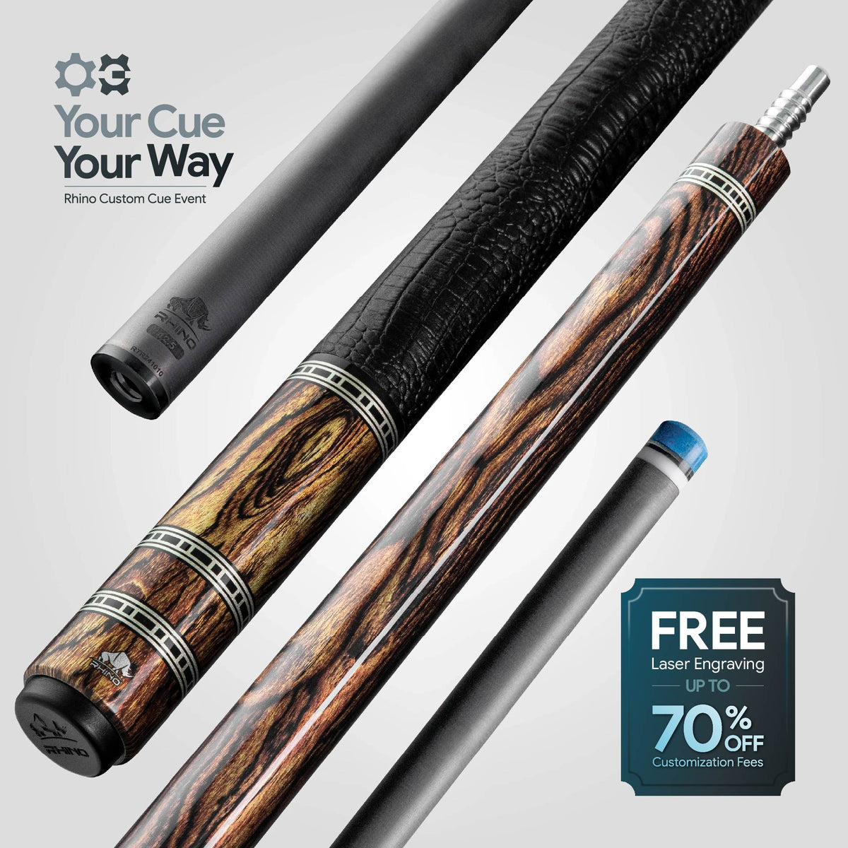 Rhino RETRÔ Pool Cue - Bocote - Crocodile Embossed Microfiber Leather Wrap