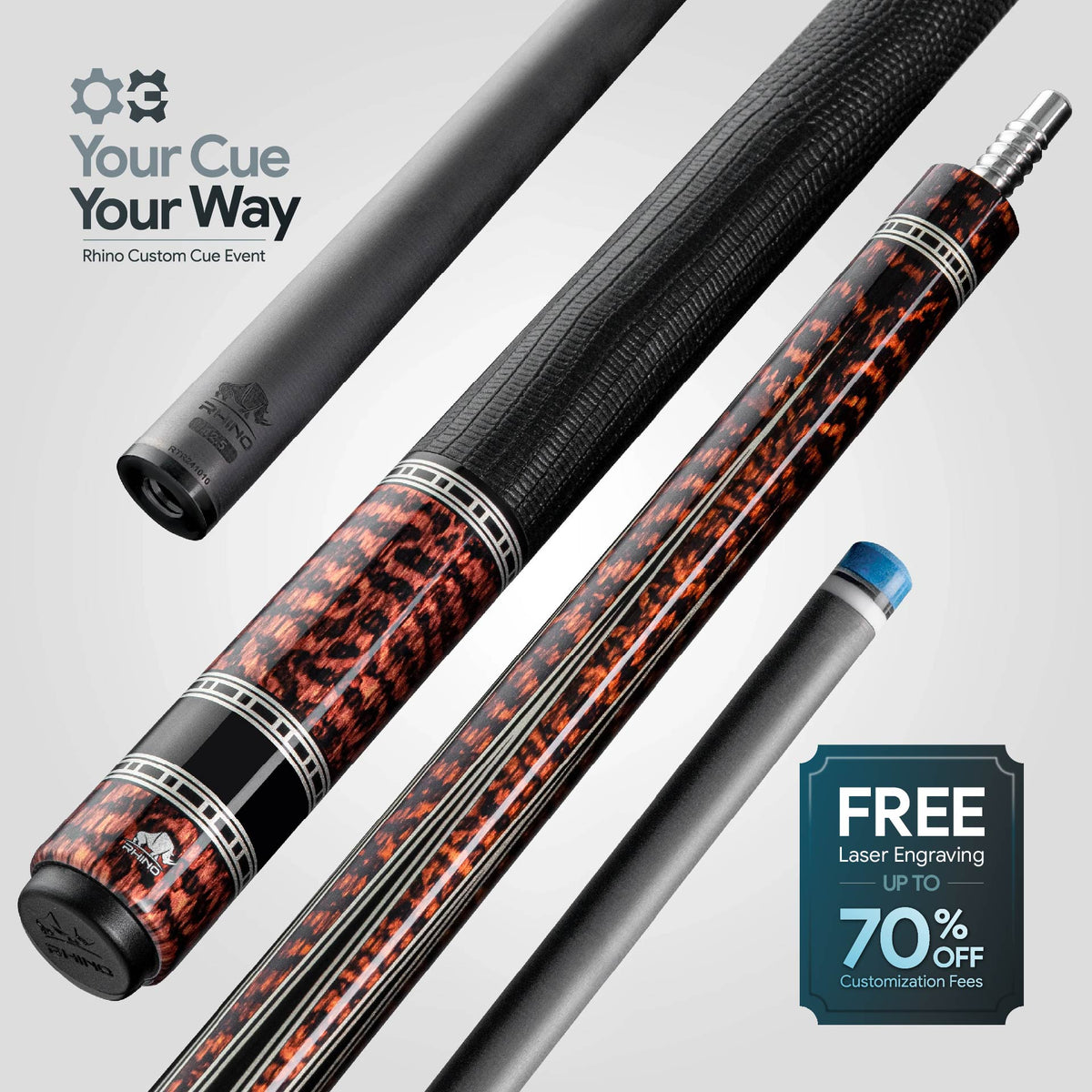 Rhino RETRÔ Pool Cue - Snake - Lizard Embossed Microfiber Leather Wrap & Point