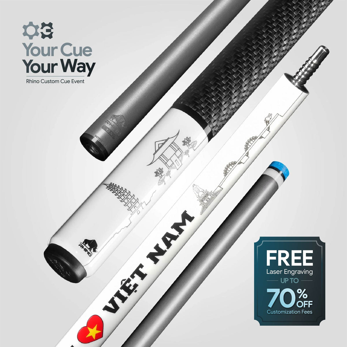 VOYAGER VIETNAM POOL CUE - WHITE - SPORT WRAP