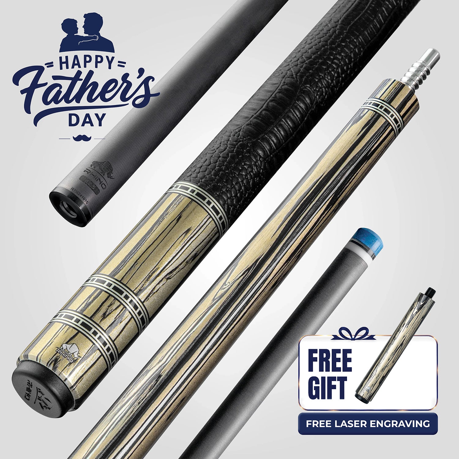 Rhino RETRÔ Pool Cue - Pale Moon Ebony - Crocodile Embossed Microfiber Leather Wrap
