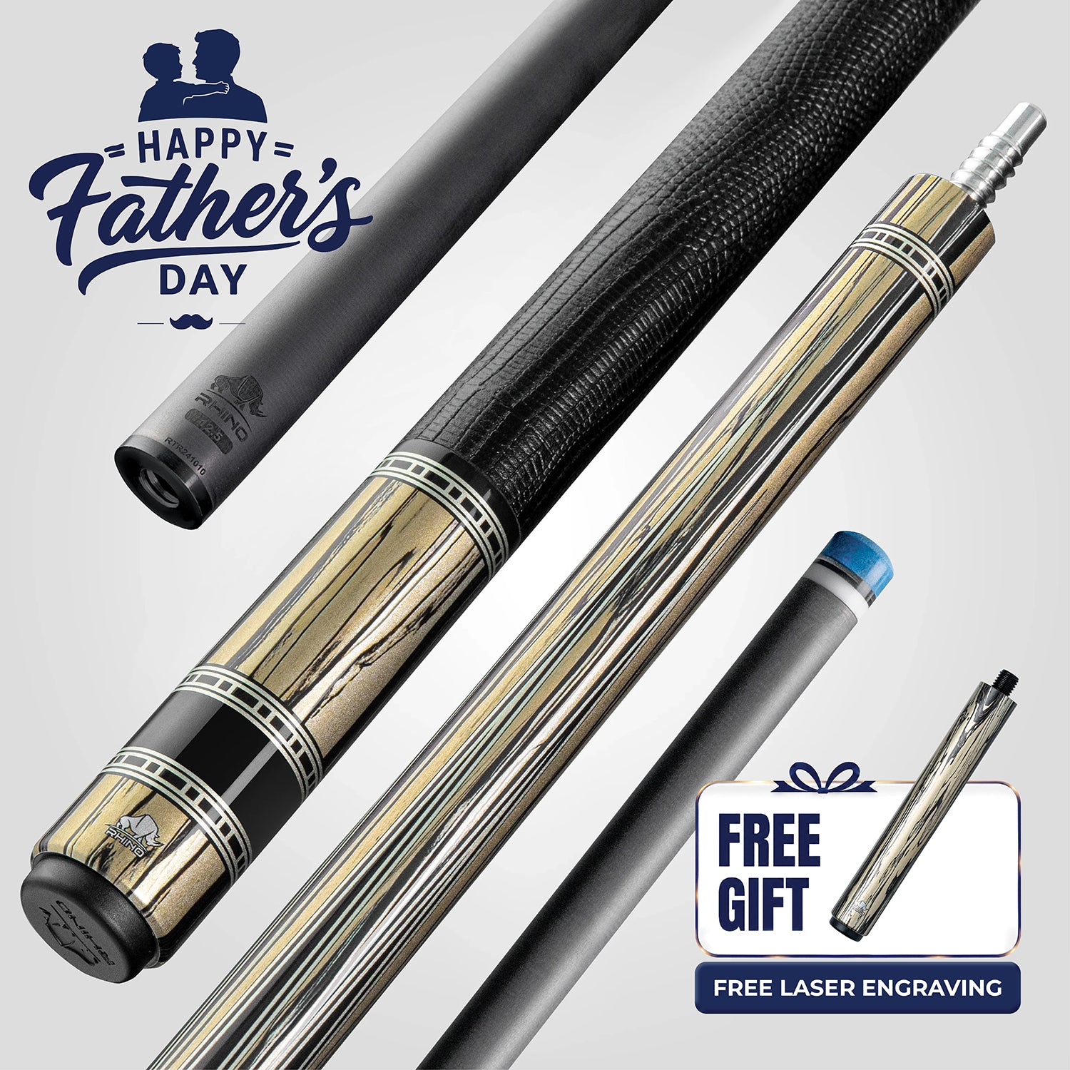 Rhino RETRÔ Pool Cue - Pale Moon Ebony - Lizard Embossed Microfiber Leather Wrap & Point