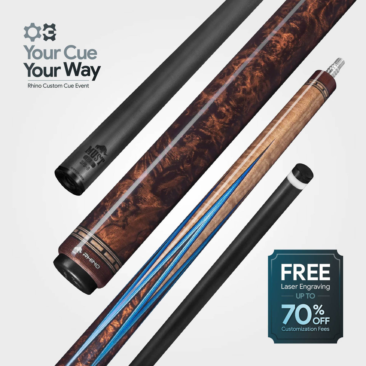 RHINO MUST POOL CUE - MU1 BURL BLUEPOINT