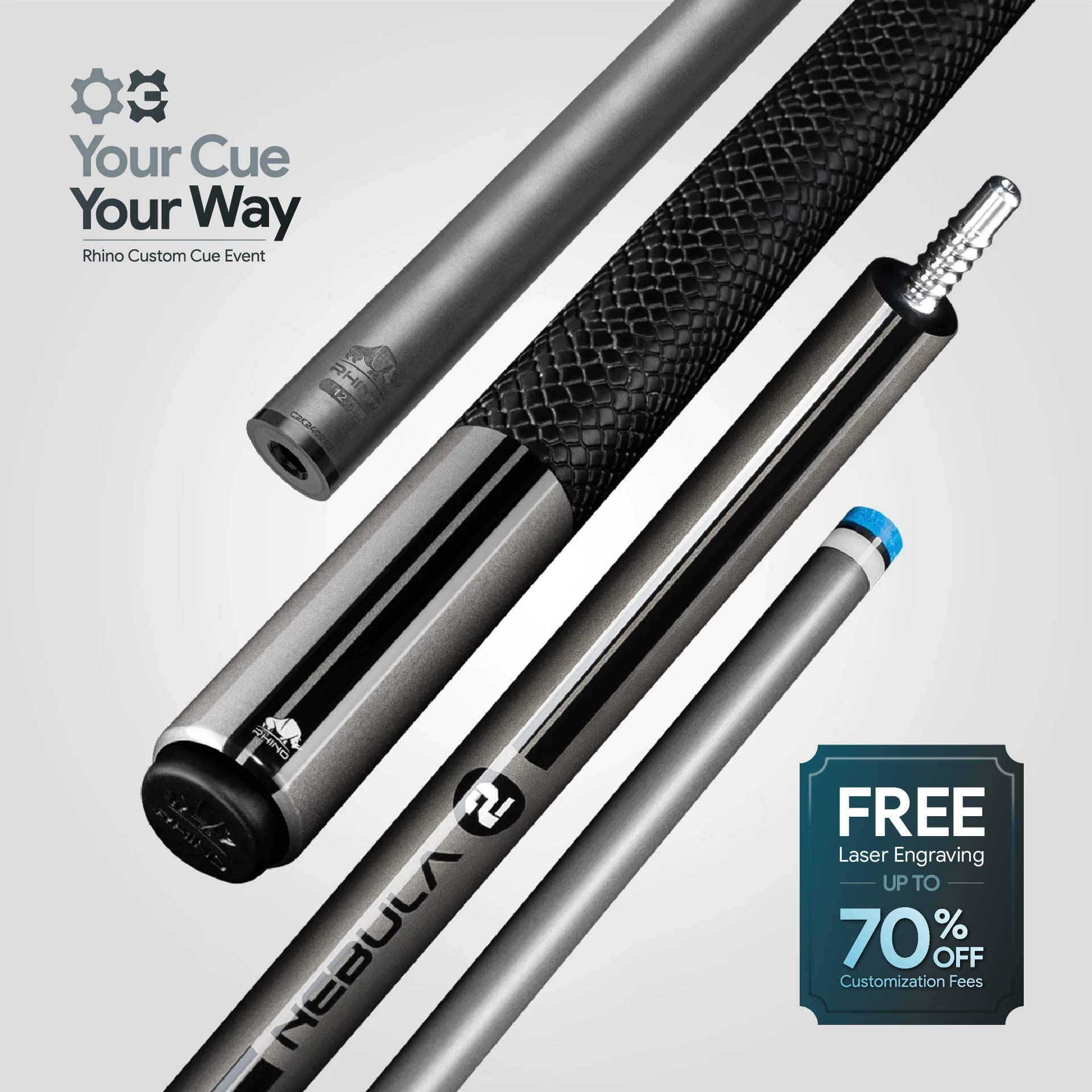 RHINO NEBULA 2 プレーキュー　カーボンシャフト、カーボンバット Nebula 2 Pool Cue - Charcoal Gray - Sport Wrap